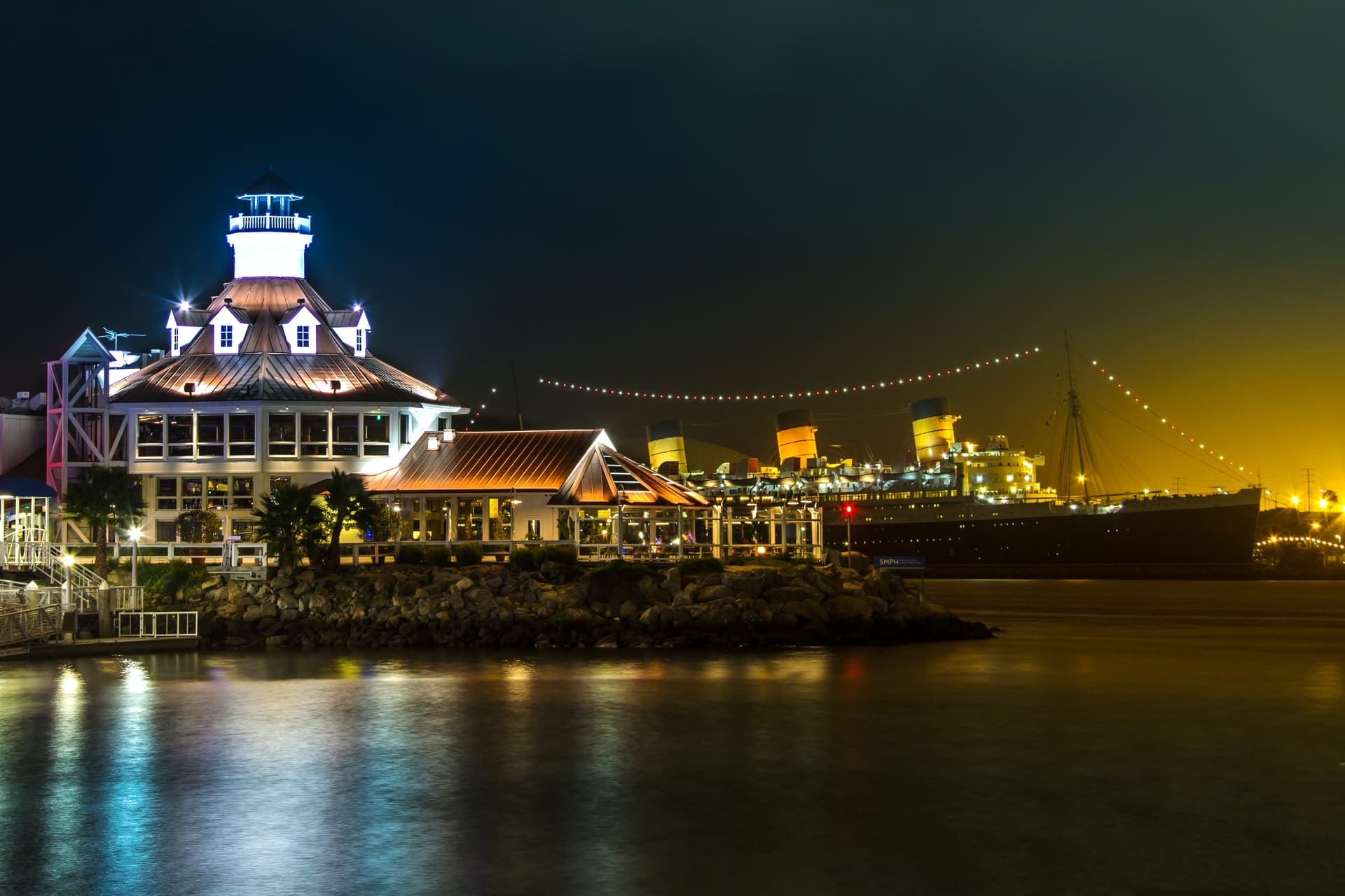 The Queen Mary Hotel at night, Long Beach, California, USA. A beautiful floating hotel close to Rosie's Dog Beach.