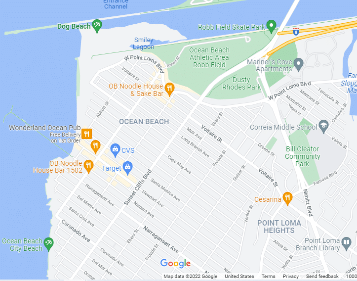 Map of Dog Beach in San Diego, California, USA