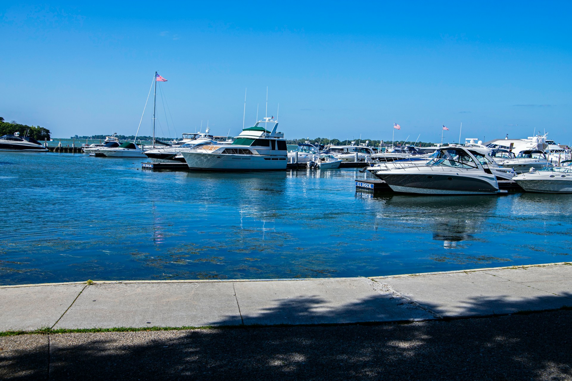 Boats docked in the marina at Put-in-Bay on the shores of Lake Erie, South Bass Island, Ohio, USA